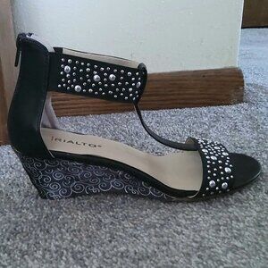 RIALTO BLACK WEDGE STUDDED SANDALS